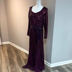 R & M Richards Purple Sequin Long Sleeve Gown